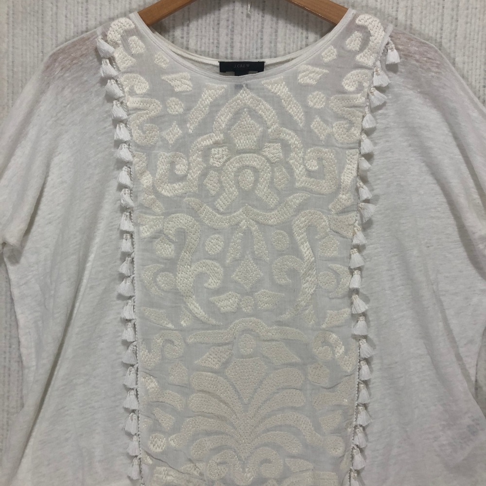 J.Crew Womens Linen Embroidered‎ Tassel Trim T-Shirt White XS Boxy Boho Top